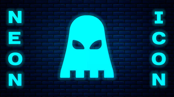 Glowing neon Executioner mask icon isolated on brick wall background. Hangman, torturer, executor, tormentor, butcher, headsman icon. Vector Glowing neon Executioner mask icon isolated on brick wall background. Hangman, torturer, executor, tormentor, butcher, headsman icon. Vector. medieval torture drawings stock illustrations