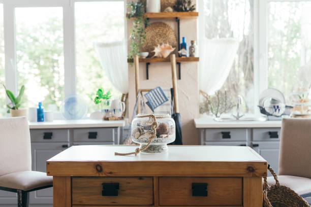 istock bright cozy decorated kitchen with windows, kitchen tools. photo shot area. Interior 1256695853