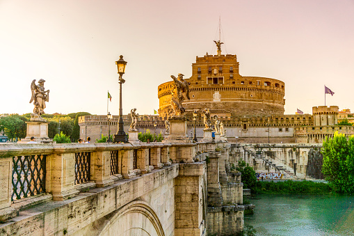 Castel Sant'Angelo in summer, Rome, Italy. View Of Castel Sant'angelo At Sunset. Rome postcard.