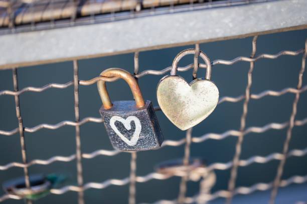 istock Two old rusty padlocks with heart on the bridge 1256696214