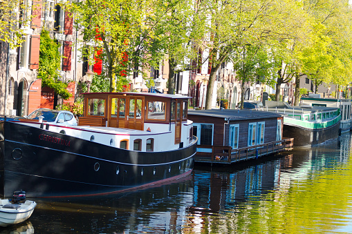 Row of anchored houseboats in canal of Amsterdam in autumn. Along canal are trees. Behind are old row houses, scene is in canal Brouwersgracht