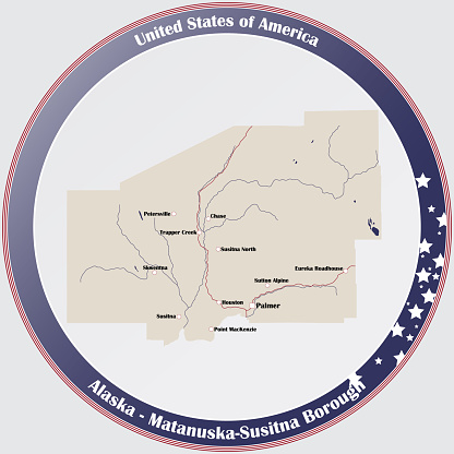 Round button with detailed map of Matanuska-Susitna Borough in Alaska, USA.