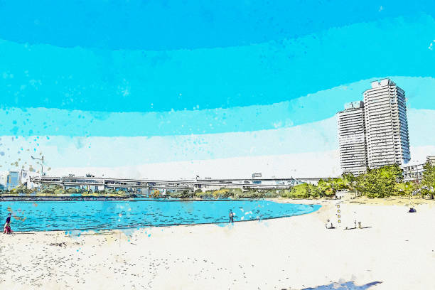 акварель рисунок пейзаж вид на радужный мост с пляжа дайба знаменитой достопримечательностью в японии. - paintings rainbow nautical vessel painted image stock illustrations