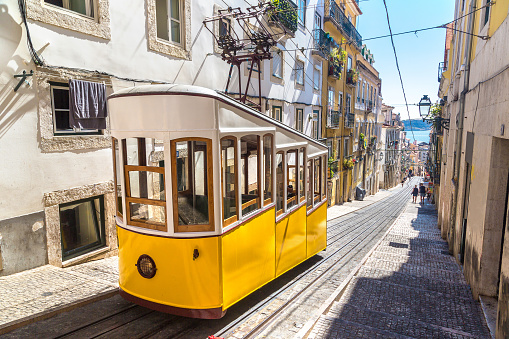 Lisbon , Portugal; 07 August : Tram number 28 in downtown Lisbon
