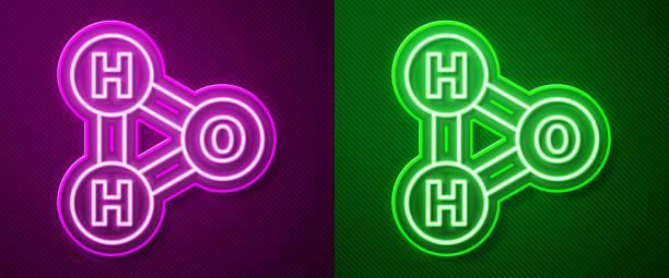 illustrations, cliparts, dessins animés et icônes de ligne de néon rougeoyant formule chimique pour les gouttes d’eau h2o icône en forme isolé sur fond violet et vert. illustration vectorielle - h shaped