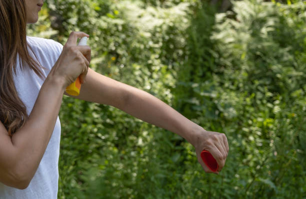 istock Woman using mosquito repellent on arm. 1256702938