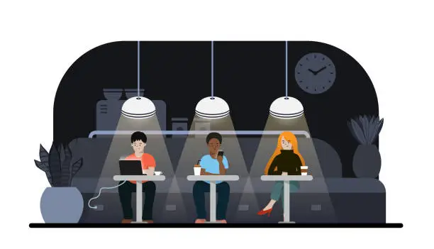 Vector illustration of Flat Style men and women working and sitting in coffee shop. Modern Urban Life Style. Social Distancing. Vector stock illustration.