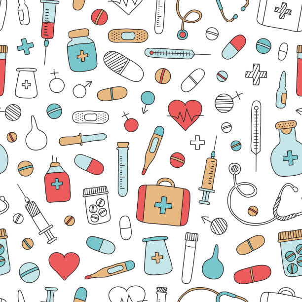 ilustraciones, imágenes clip art, dibujos animados e iconos de stock de patrón médico sin costuras dibujado a mano. medicina móvil, investigación médica. vector - thermometer healthcare and medicine backgrounds isolated