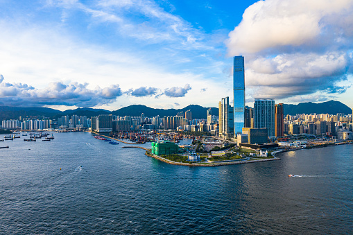 Epic aerial view of the famous landmark of Hong Kong. Victoria Harbour, center business distract of the metropolis.
