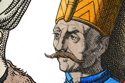 High resolution photograph of a detail from a portrait of an Turkish ottoman man with a handlebar moustache