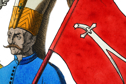 High resolution photograph of a detail from a portrait of an Turkish ottoman Janissary  soldier carrying red flag 16th Century