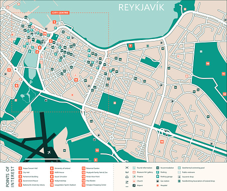 A city center map of the Iceland capital Reykjavik with tourist attractions, hotels, parking and more. Layered and clearly marked. EPS10 vector illustration, global colors, easy to modify.