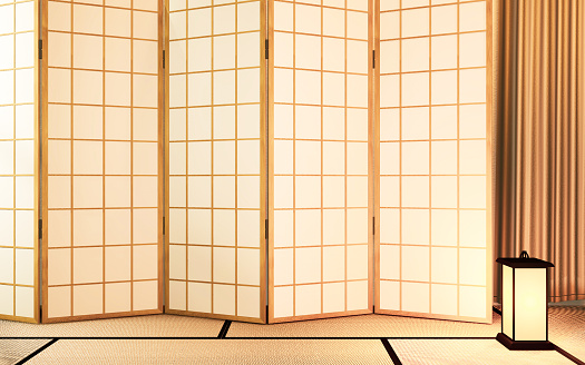 Japanese partition paper wooden design on living room tatami floor.3D rendering
