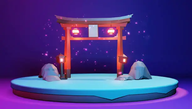 japanese on island in purple blue background .3D rednering