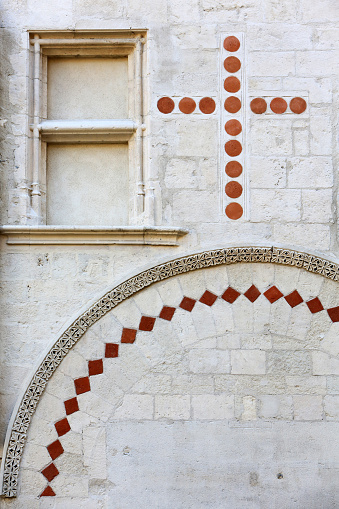 Europe. France. Auvergne-Rhône-Alpes. Rhône. Lyon. 08/26/2016. This colorful image depicts East wall of the Manécanterie. Western facade. Cathedral of St. John the Baptist and St. Stephen.