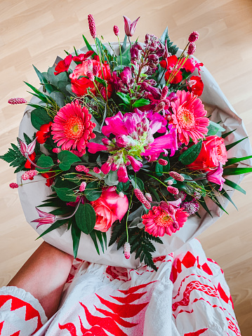 Bunch of Flowers with pink and red roses, gerbera and other beautiful flowers