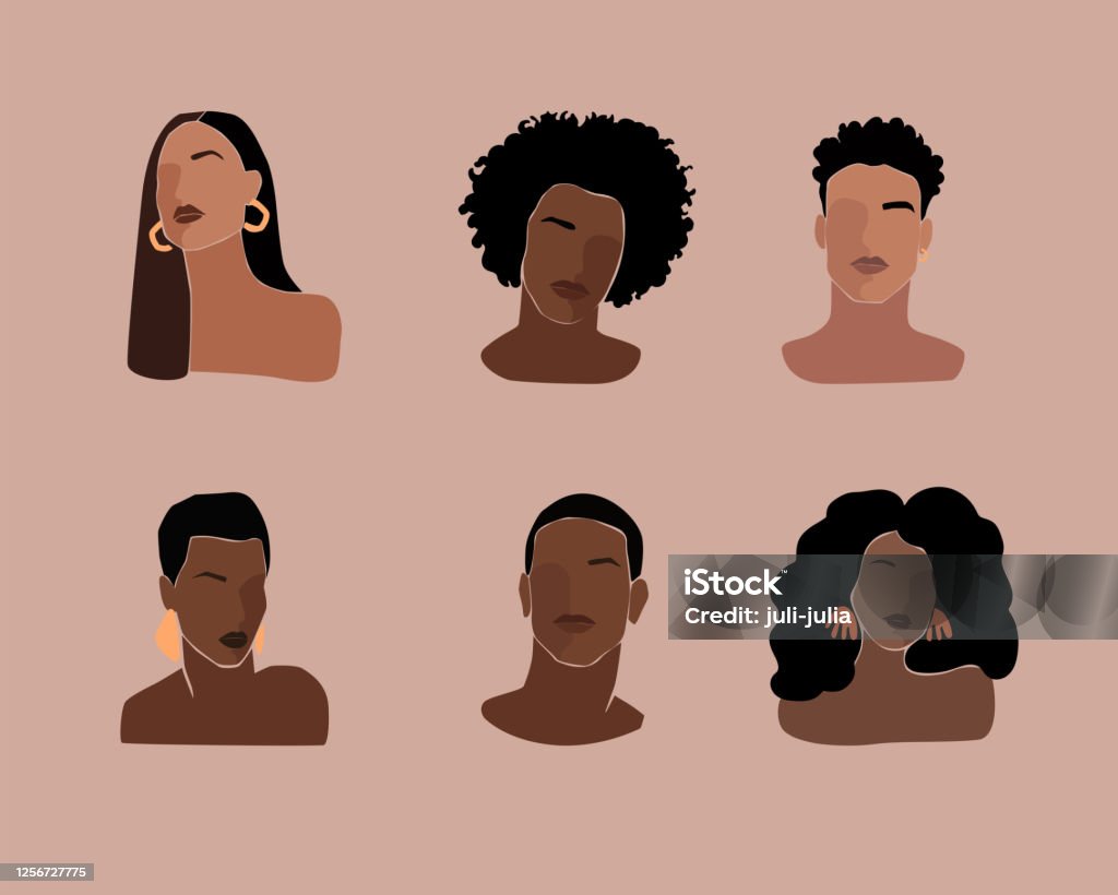 Negro joven hermosas mujeres y retratos de hombres con diferente peinado. - arte vectorial de Color negro libre de derechos