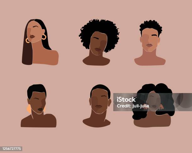 Ilustración de Negro Joven Hermosas Mujeres Y Retratos De Hombres Con Diferente Peinado y más Vectores Libres de Derechos de Color negro
