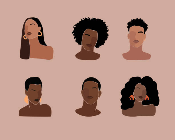 illustrations, cliparts, dessins animés et icônes de jeunes femmes et portraits d’homme noirs beaux avec la coiffure différente. - couleur noire illustrations