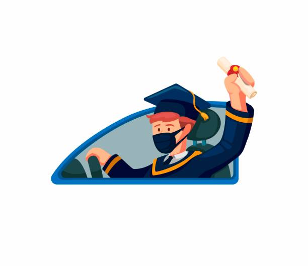 ilustrações de stock, clip art, desenhos animados e ícones de graduation celebrate with riding car in new normal after pandemic. concept cartoon illustration vector on white background - university graduation car student