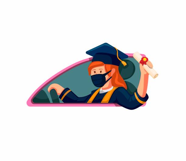 ilustrações de stock, clip art, desenhos animados e ícones de girl graduation celebrate on car with wearing mask in new normal activities on cartoon illustration vector on white background - university graduation car student