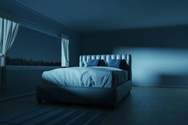 istock 3d rendering of bedroom with an elegant box-spring bed at night 1256730188