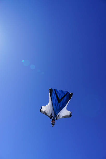 istock Wing suit soars above mountain landscape 1256731816