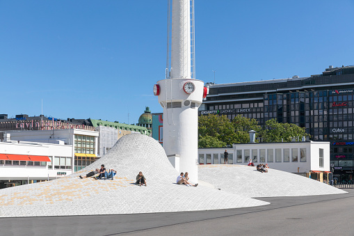 Helsinki, Finland - jun 12th 2020: Amos Rex is an underground art museum in heart of Helsinki. Parts of roof pearces street level, shaping dome -like structures. Museum was opened in 2018.