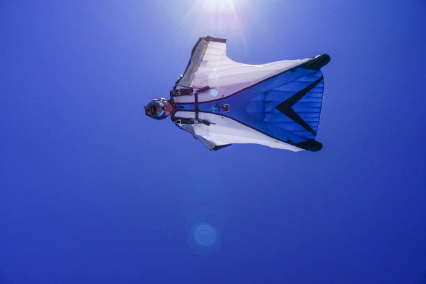 istock Wing suit soars above mountain landscape 1256733666