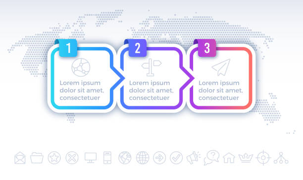 Three Step Process Infographic Three step 3 global world map dots background gradient international view. number 3 illustrations stock illustrations