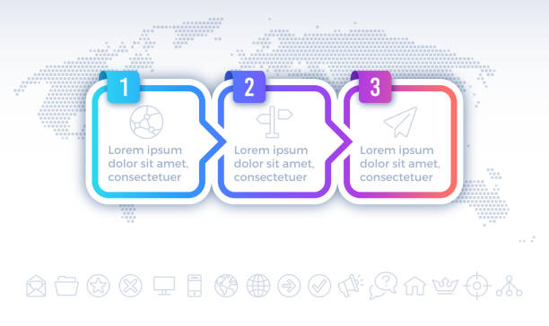 Three Step Process Infographic Three step 3 global world map dots background gradient international view. international drawings stock illustrations