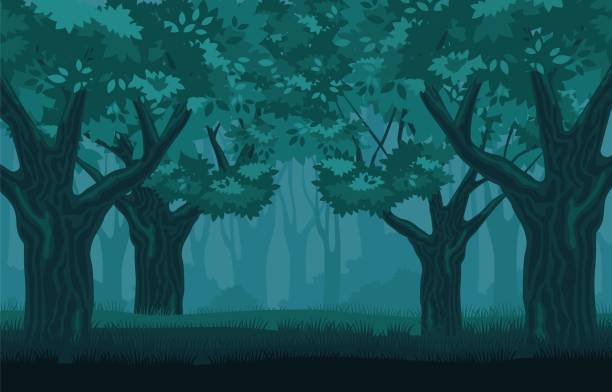 ilustraciones, imágenes clip art, dibujos animados e iconos de stock de bosque místico sombrío. misteriosos árboles centenarios en la oscuridad. - tree branch burnt silhouette