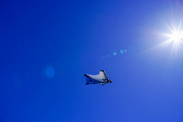 istock Wing suit soars above mountain landscape 1256735004