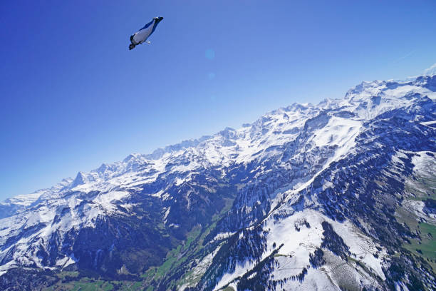 istock Wing suit soars above mountain landscape 1256735126
