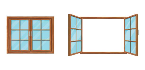 istock Wooden window template closed and open. Modern wooden mesh window two folding doors. 1256736026