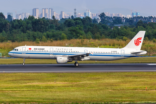 Chengdu, China September 22, 2019: Air China Airbus A321 airplane at Chengdu airport CTU in China. Airbus is a European aircraft manufacturer based in Toulouse, France.