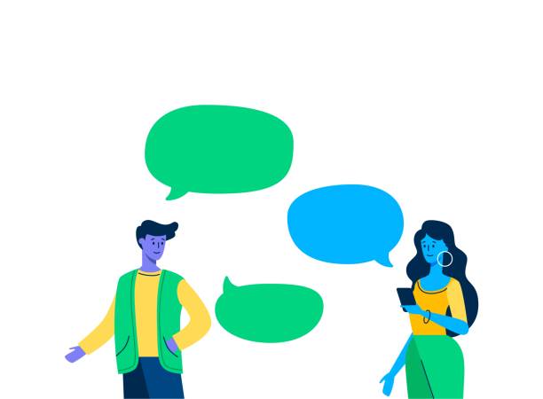istock Girl dialog chat messenger with guy on date, speech bubble. Young beautiful girl communicates with guy. 1256736136