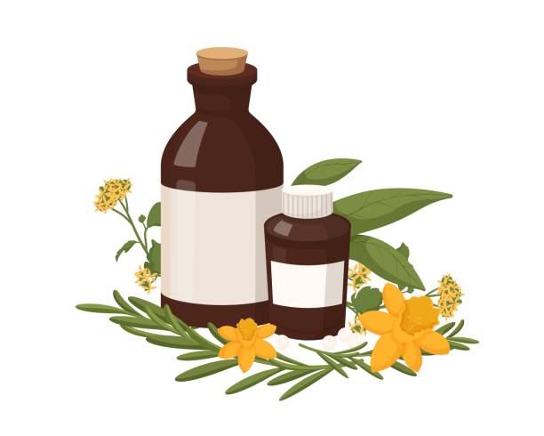 ilustrações de stock, clip art, desenhos animados e ícones de homeopathy natural medicine. healthy organic treatment two brown bottles with oil extracts herbs. - nutritional supplement herbal medicine pill nature