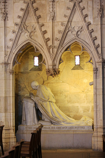 Europe. France. Auvergne-Rhône-Alpes. Rhône. Lyon. 08/02/2012. This colorful image depicts the tomb and statue of Cardinal Coullie sculpted by Castex. St. Vincent de Paul chapel. Cathedral of St. John the Baptist and St. Stephen.