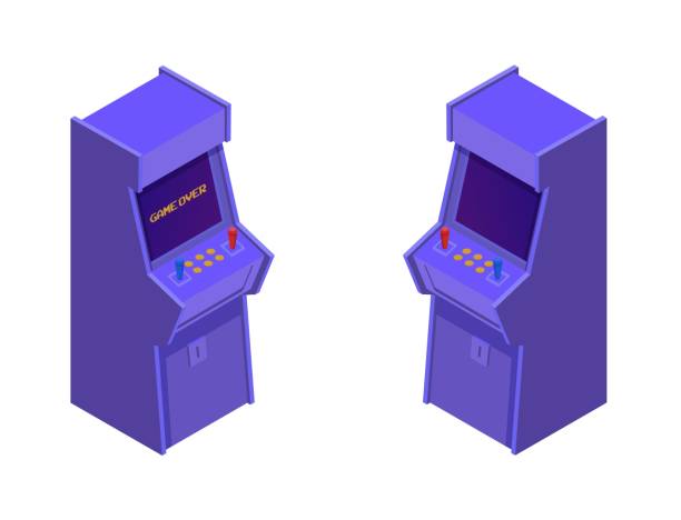 istock Isometric arcade game machines. Retro purple consoles with two joysticks and control buttons. 1256736901