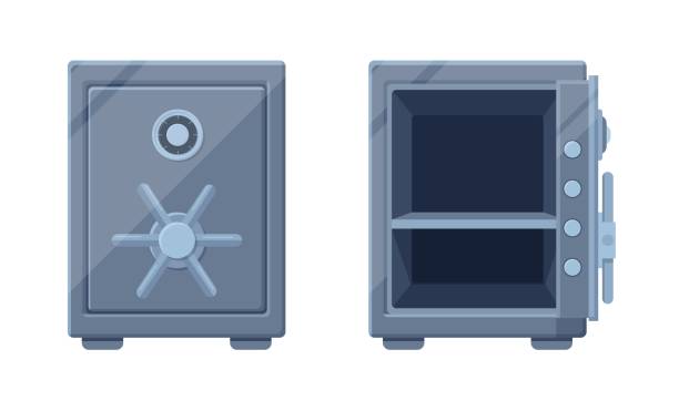 istock Modern safe template open and closed. Powerful steel safe box with double secret protection system. 1256736932