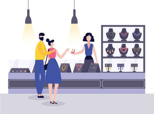 Jewellery shop with seller and couple buying jewelries flat vector illustration. Jewellery shop with seller behind counter and couple buying jewelries, flat vector illustration. Characters of people purchasing gold in jewelry store or pawnshop. jewelry store stock illustrations