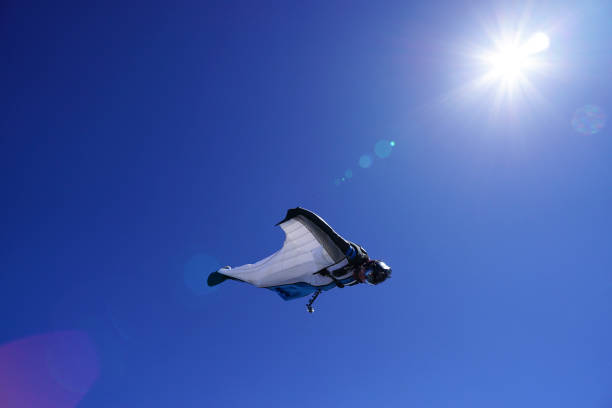 istock Wing suit soars above mountain landscape 1256736994