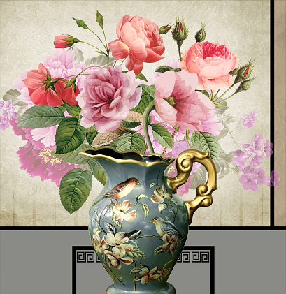 3d mural wallpaper vase with rose pink golden black and white , brown, colored flowers branches. Suitable for use on a wall frame\t\nflower, vase, bouquet, flowers, pink, rose, nature, floral, spring, isolated, white, beautiful, bloom, decoration, bunch, arrangement, beauty, blossom, roses, green, plant, gift, flora, red, petal\nblossom, spring, porcelain, green, isolated, floral, roses, china, table, morning, 3d, circle, wall, decor, texture, 3d illustration, creative, 3d illustrations, romantic, luxury, wallpaper, decoration