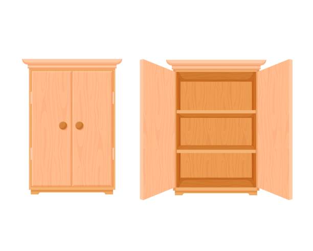 ilustraciones, imágenes clip art, dibujos animados e iconos de stock de plantilla de madera de armario abierta y cerrada. moderno elegante armario de madera con estilo. - cabinet