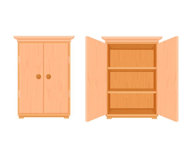 Wardrobe wooden template open and closed. Modern wooden stylish cupboard stylish design. Wardrobe wooden template open and closed. Modern wooden stylish cupboard stylish design with two shelves storing vector cartoon things inside open and closed state. open cupboard door stock illustrations