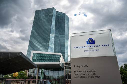 Main building of European Central Bank in Frankfurt, Germany on the banks of the River Main