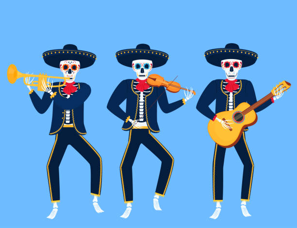 istock Cartoon dead mariachi play musical instruments. Sugar skull vector illustration. Independence Day of Mexico 1256740775