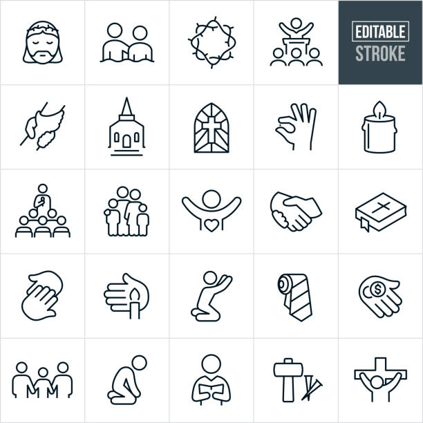 Faith and Worship Thin Line Icons - Editable Stroke A set of faith and worship icons that include editable strokes or outlines using the EPS vector file. The icons include Jesus Christ with a crown of thorns, crown of thorns, baptism, preacher preaching to congregation, griped hands, church building, stained glass window with cross, hand holding a grain of mustard seed, candle, Sunday school, family, handshake, bible, hands touching, person praying, neck tie, hand holding money, sad person, pastor reading from book, nail and spikes and Christ on the cross to name a few. church black and white people praying stock illustrations