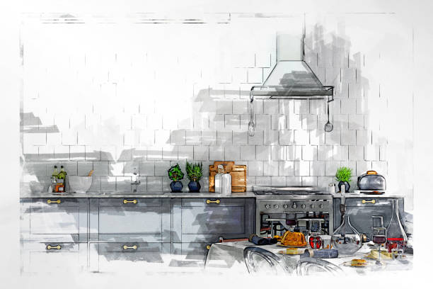 Empty classic kitchen sketch drawing with markers Empty classic kitchen with kitchen counter, table, decoration and copy space.  Sketch effect applied on 3D rendered image. architectural model photos stock pictures, royalty-free photos & images